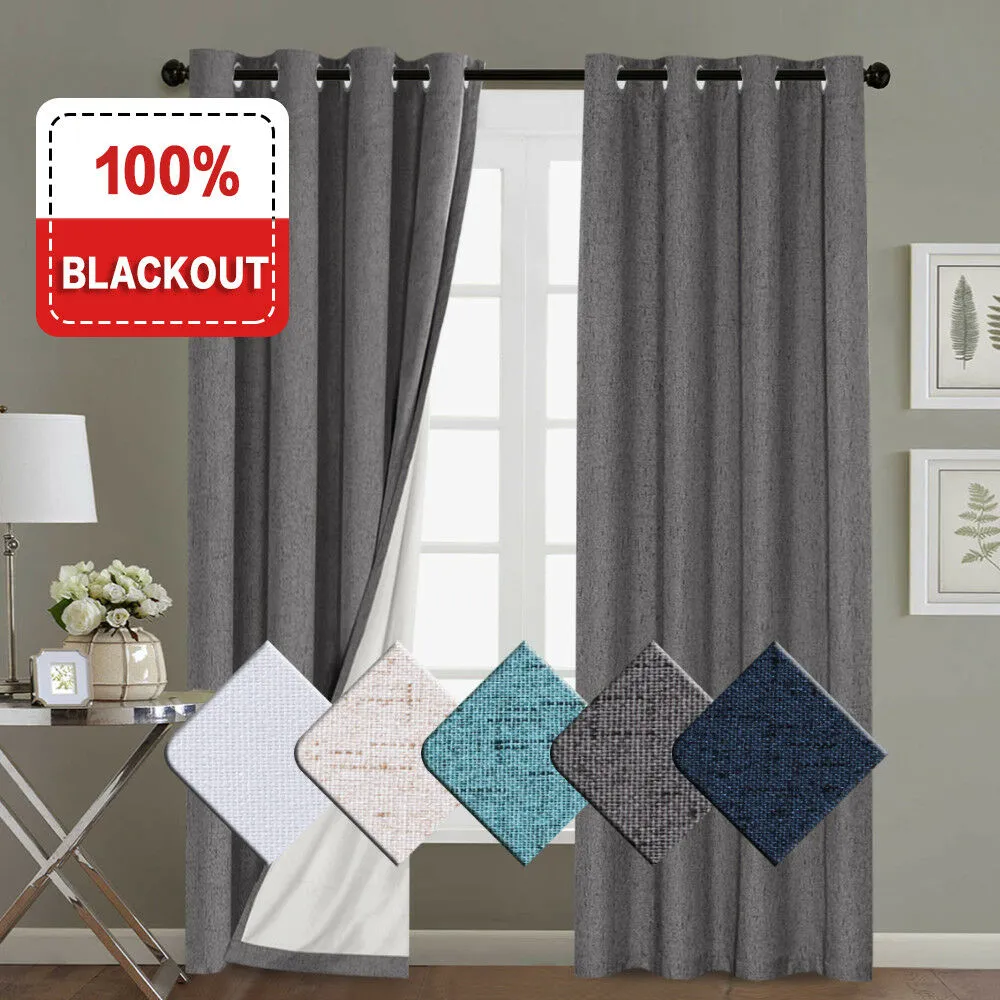 100% Blockout Curtains Pair Rich Linen Textured Full Blackout Curtain Draperies