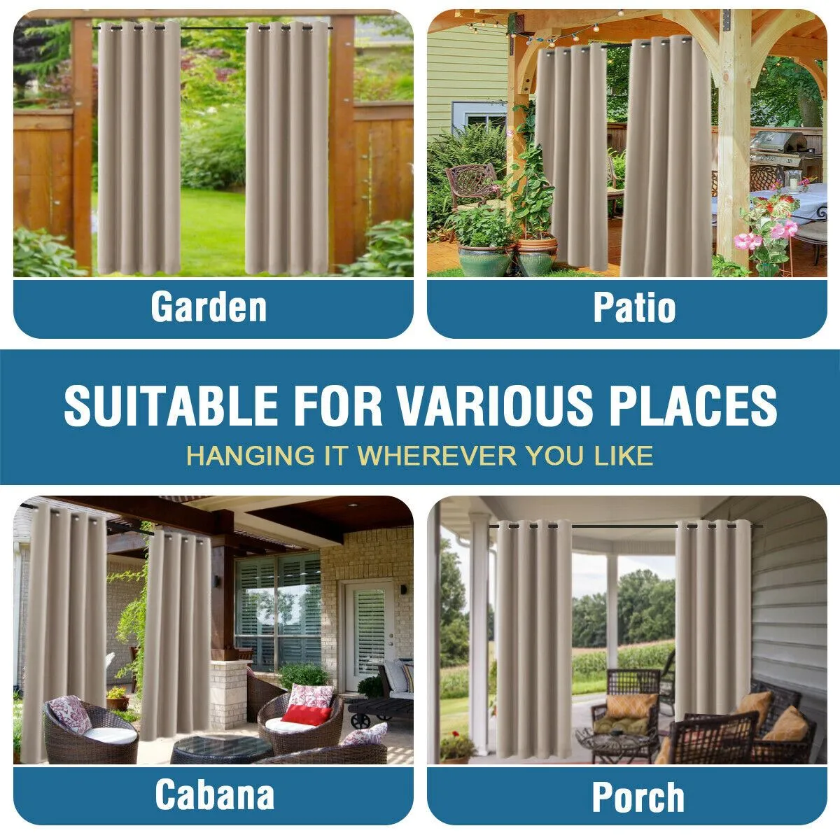 1x Outdoor Curtains Waterproof Thermal Insulated Blackout Drapes for Deck/Gazebo