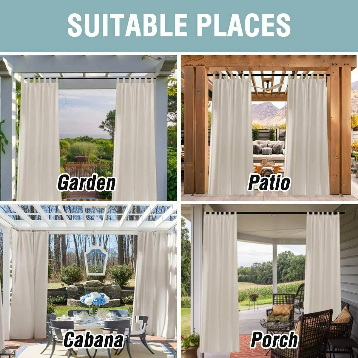 2x Outdoor Linen Sheer Curtains for Patio Divider Detachable Self-Stick Tab Top