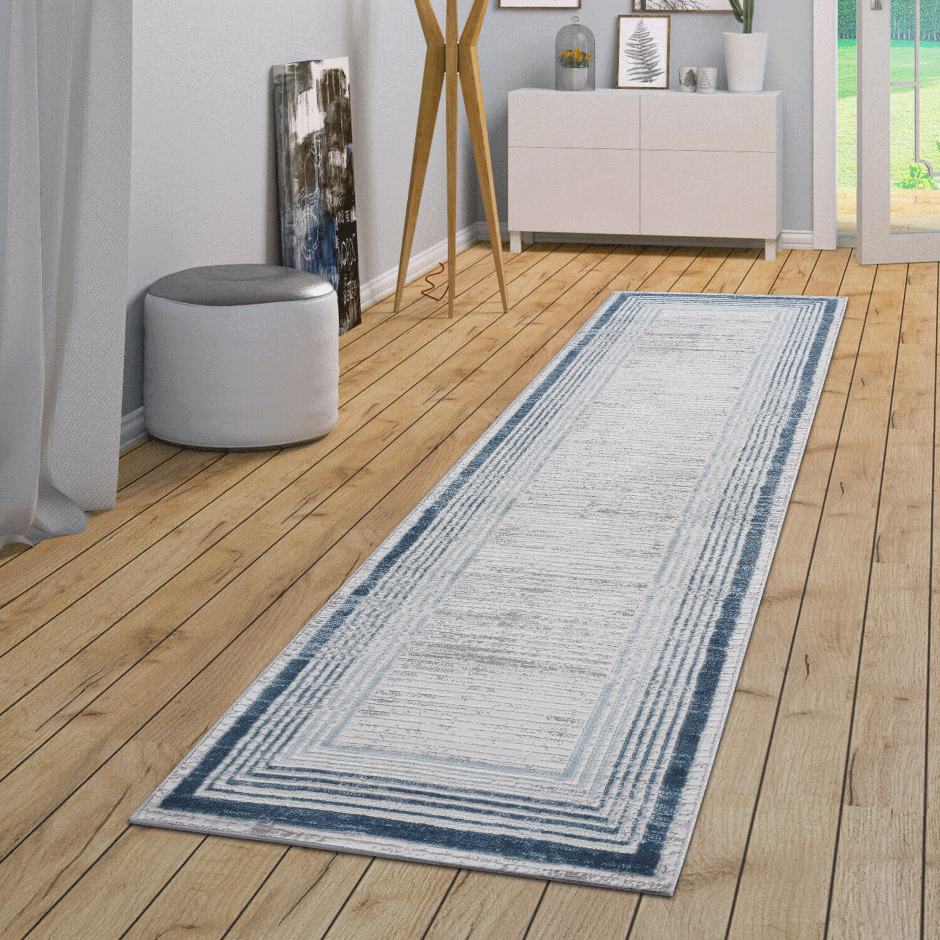 2X8 Blue/Ivory/Bordered Non-Shedding Living Room Bedroom Dining Home Office Stylish and Stain Resistant Area Rug