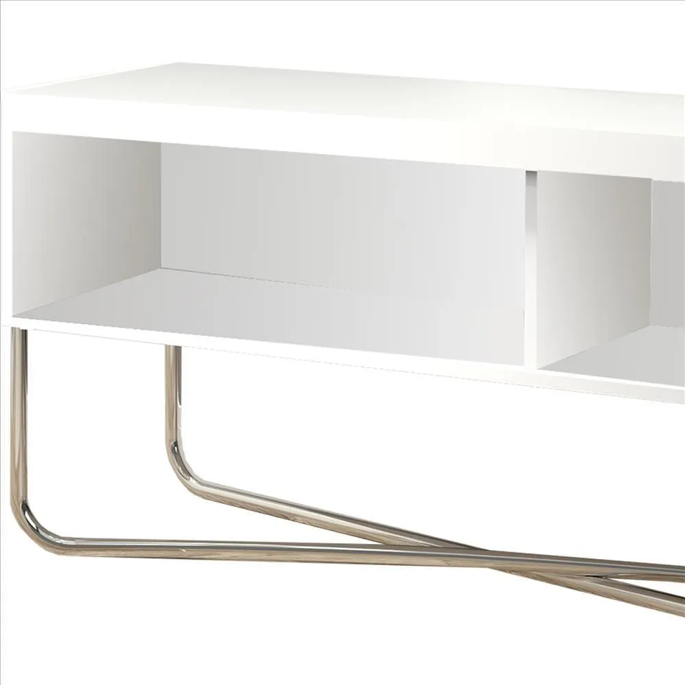 53 Inch TV Stand with 2 Open Compartments and Tubular Metal Frame, White and Chrome By The Urban Port