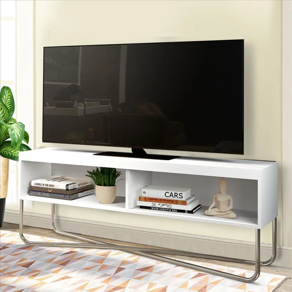 53 Inch TV Stand with 2 Open Compartments and Tubular Metal Frame, White and Chrome By The Urban Port