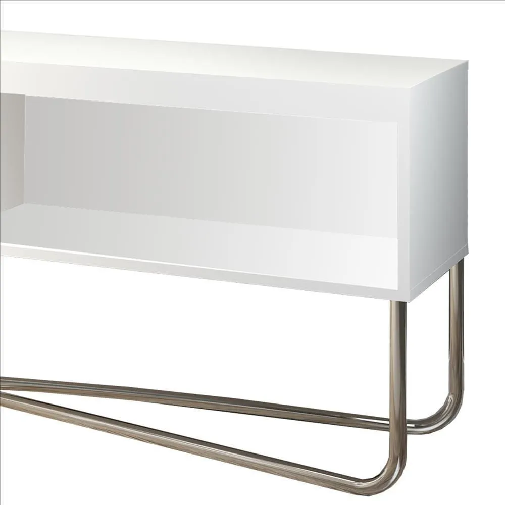 53 Inch TV Stand with 2 Open Compartments and Tubular Metal Frame, White and Chrome By The Urban Port