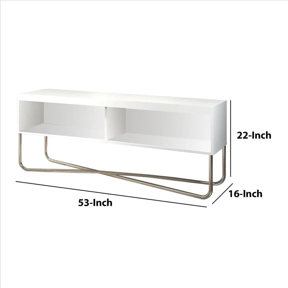 53 Inch TV Stand with 2 Open Compartments and Tubular Metal Frame, White and Chrome By The Urban Port