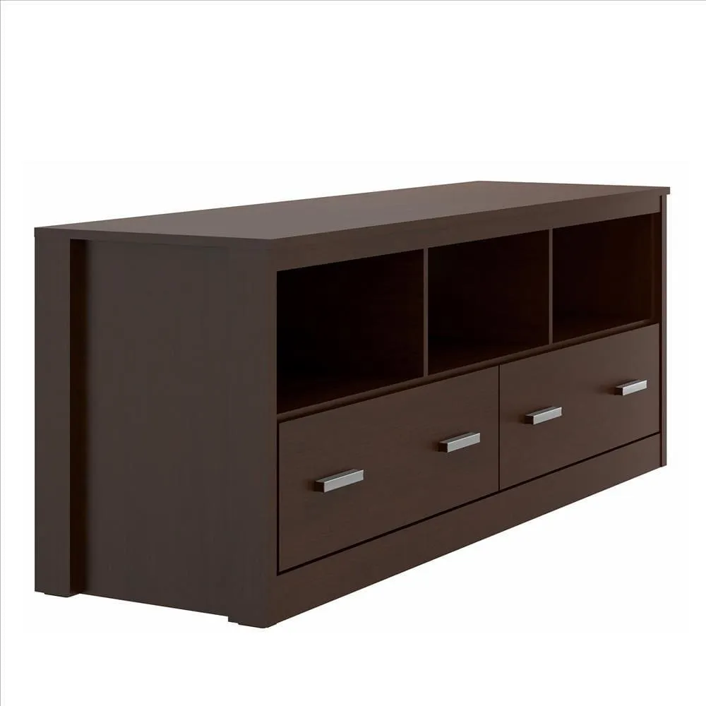 59 Inch Wooden TV Stand with 2 Drawers and 3 Open Compartments, Tobacco Brown By The Urban Port