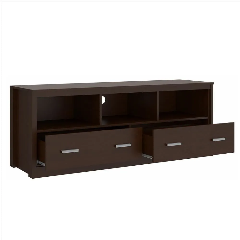 59 Inch Wooden TV Stand with 2 Drawers and 3 Open Compartments, Tobacco Brown By The Urban Port