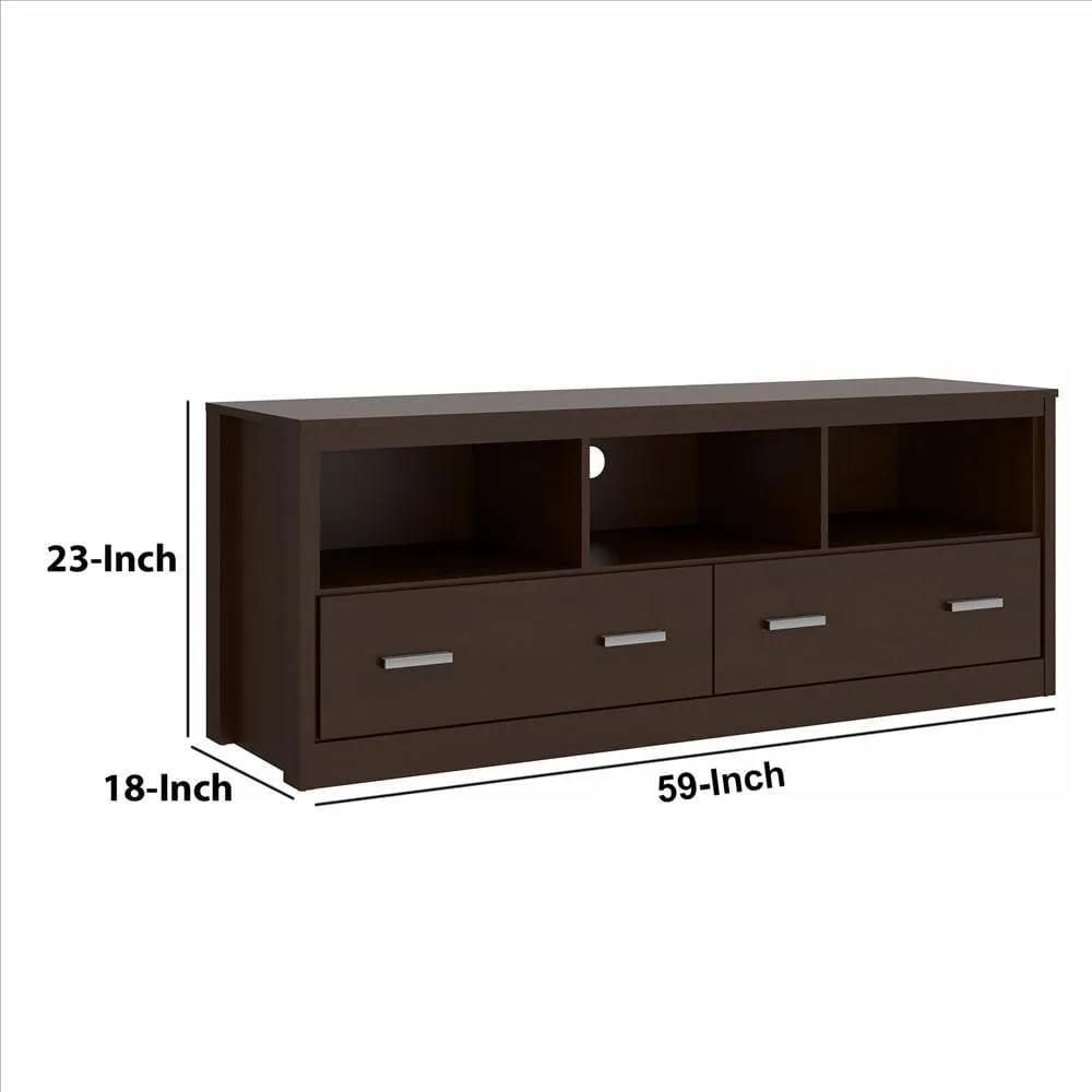 59 Inch Wooden TV Stand with 2 Drawers and 3 Open Compartments, Tobacco Brown By The Urban Port