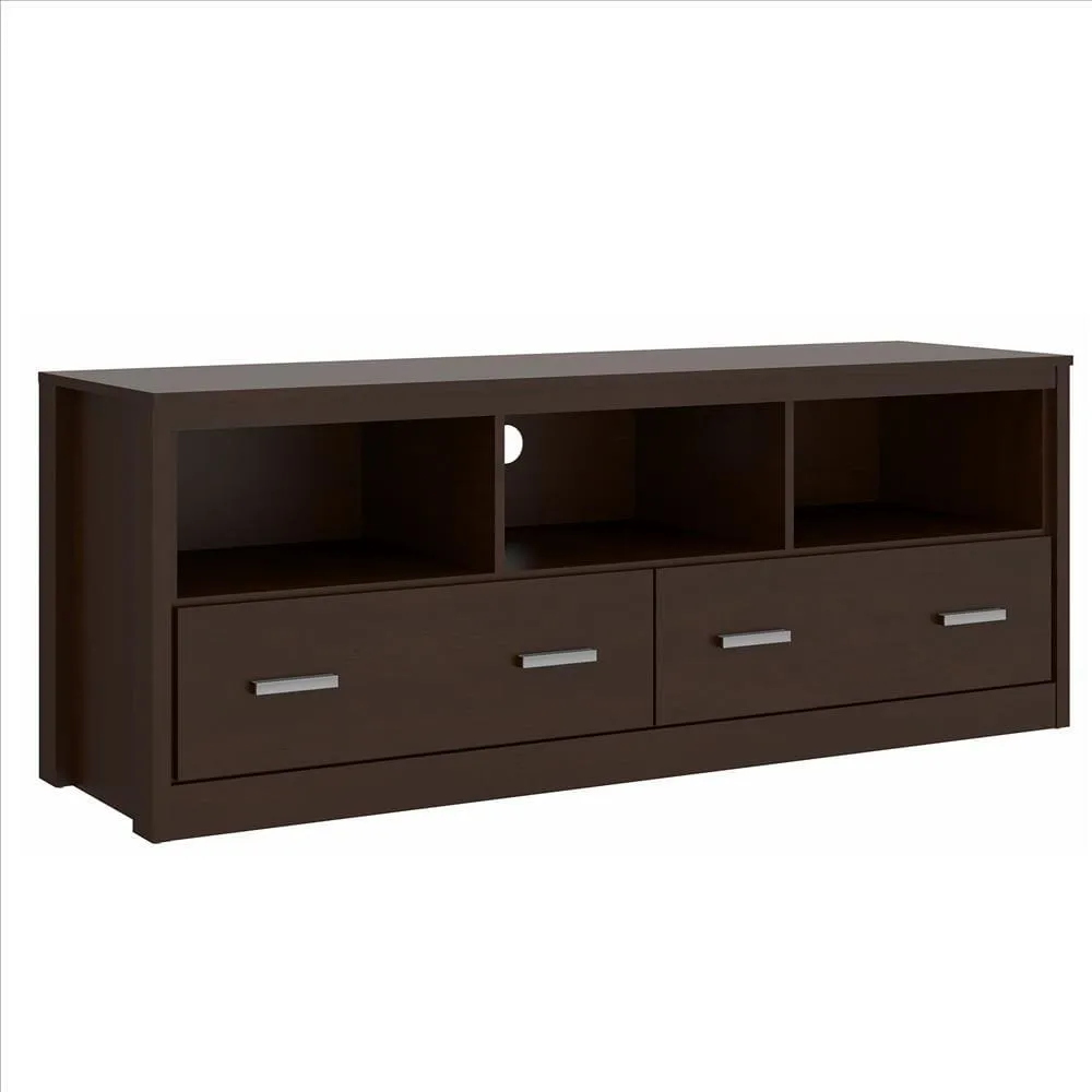 59 Inch Wooden TV Stand with 2 Drawers and 3 Open Compartments, Tobacco Brown By The Urban Port