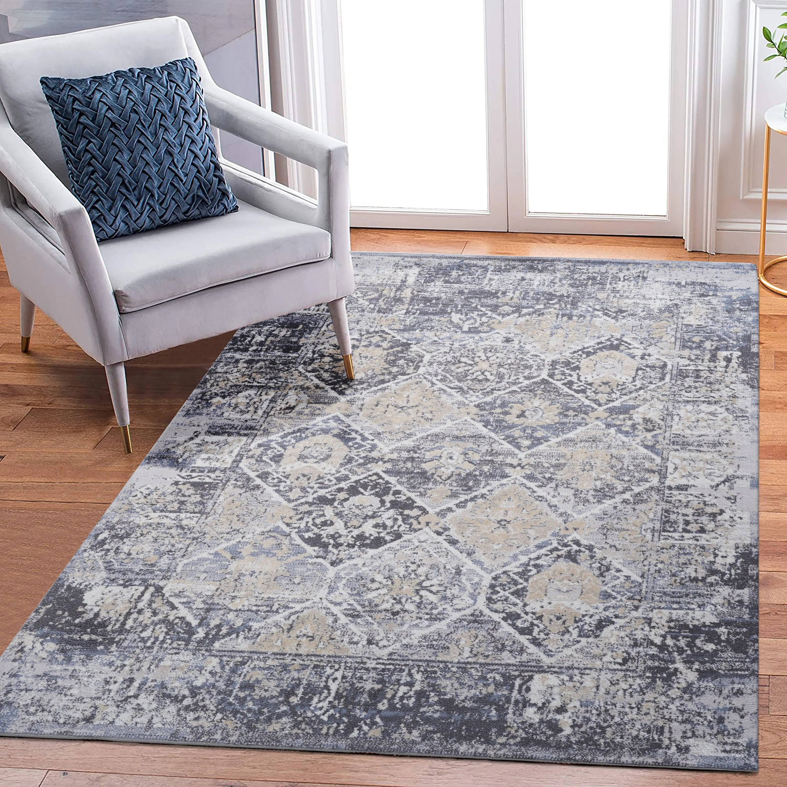 5X7 Grey/Blue /Traditional Non-Shedding Living Room Bedroom Dining Home Office Stylish and Stain Resistant Area Rug