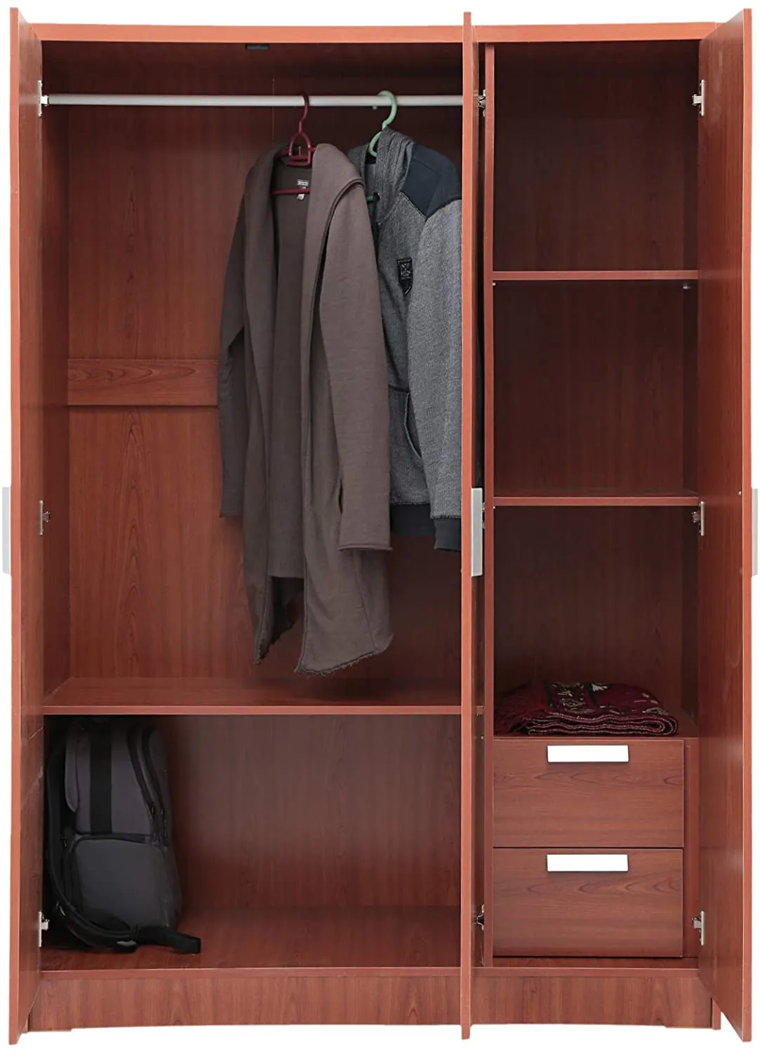 AFT Three Door Wooden Wardrobe with Drawers, Cherry Brown