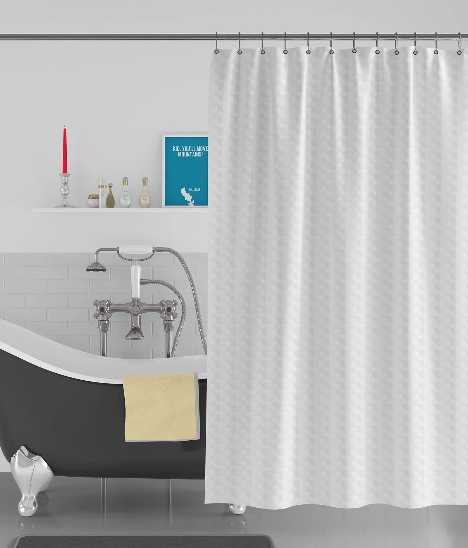 American-Elm Cube Designed White Anti Bacterial Water-Repellent Shower Curtain, Bathroom Curtains