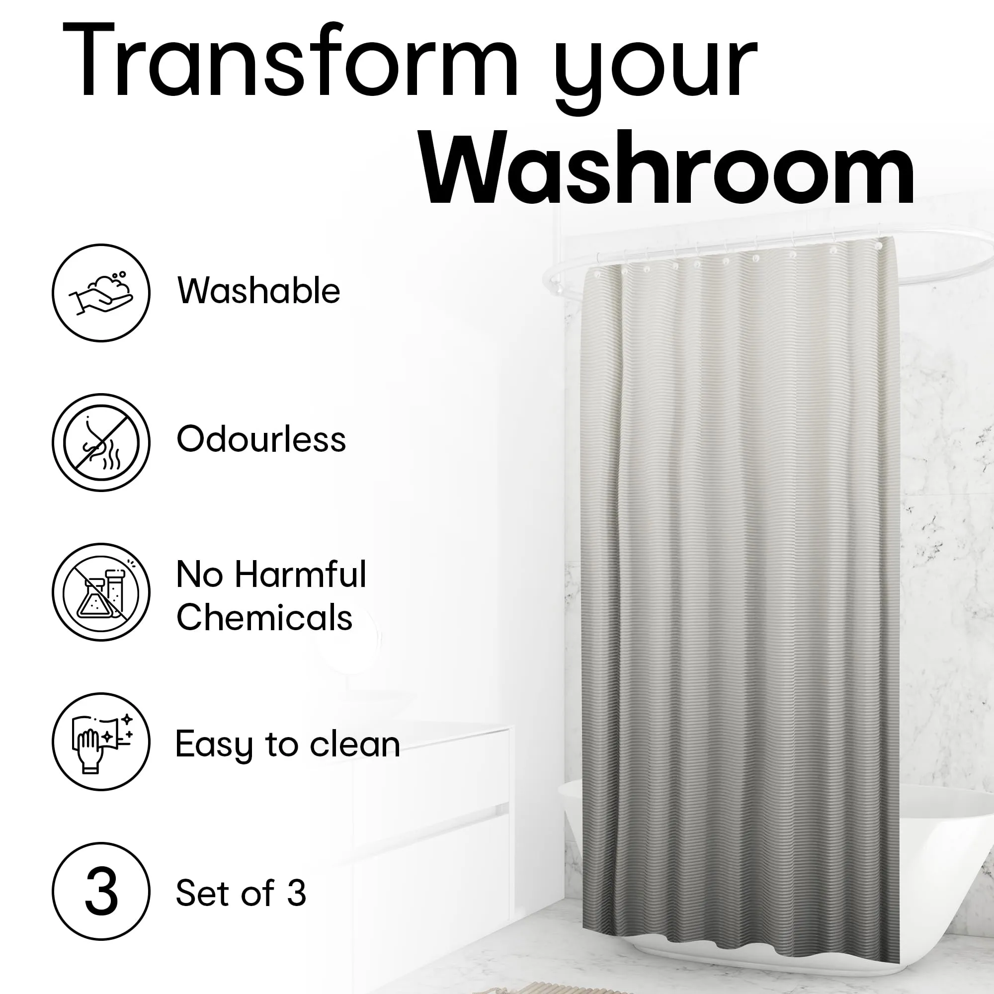 Anko Ombre Shower Curtain with 12 Hooks | Set of 3 | Waterproof PEVA Bathroom Curtain (Heavier Quality than PVC) | 6 x 6 feet | Shower curtains for bathroom | Waterproof Curtain for Home, Balcony, Spa