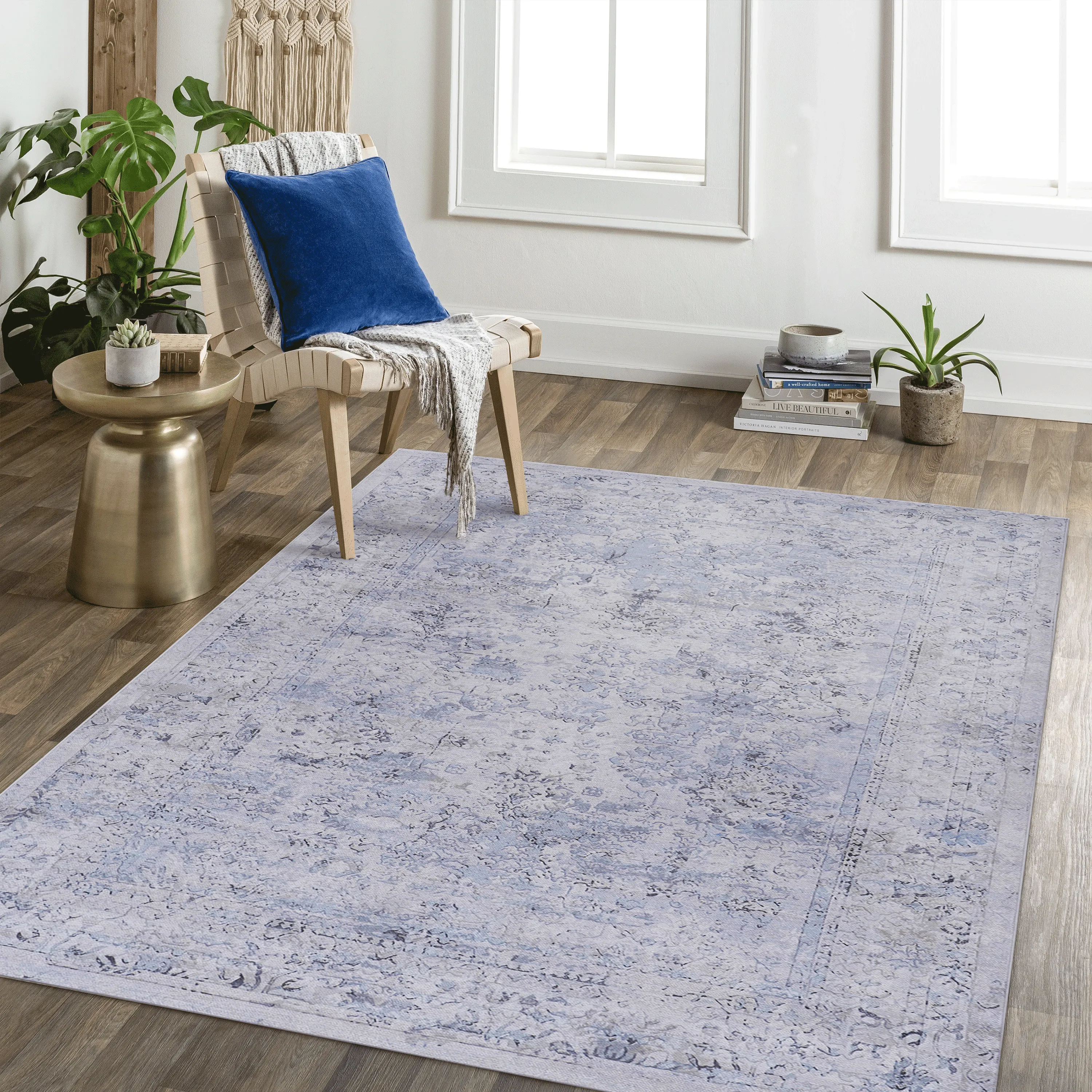 Area Rugs 9x12 Living Room, Machine Washable Area Rugs, Low-Pile, Non-Slip, Non-Shedding, Foldable, Kid&Pet Friendly - Area Rugs for living room, bedroom, kitchen, dining room, (Blue Cream, 9x12)