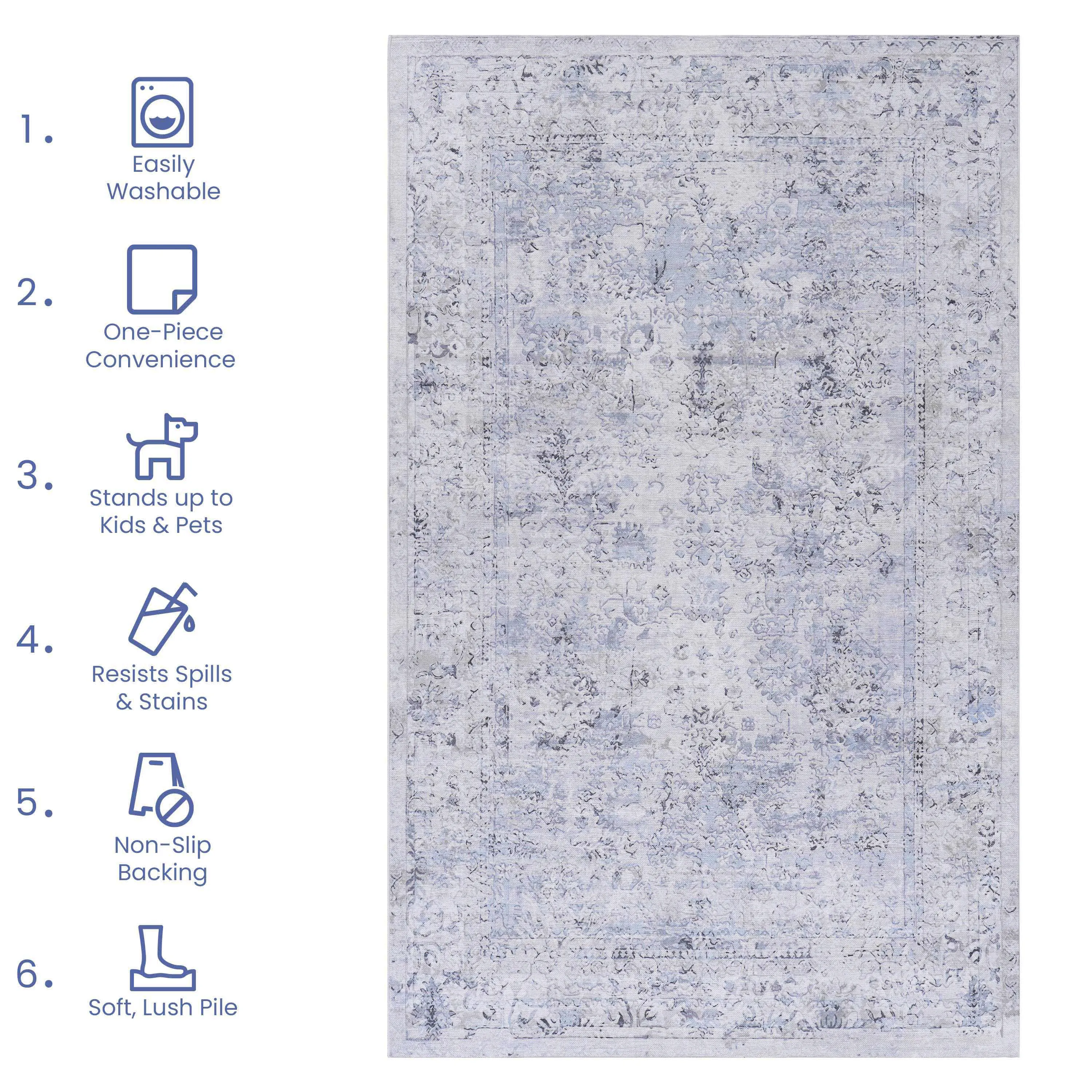 Area Rugs 9x12 Living Room, Machine Washable Area Rugs, Low-Pile, Non-Slip, Non-Shedding, Foldable, Kid&Pet Friendly - Area Rugs for living room, bedroom, kitchen, dining room, (Blue Cream, 9x12)