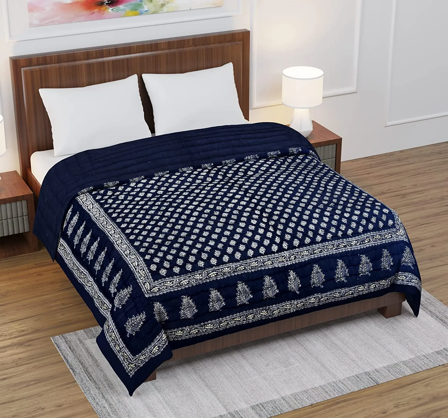 ARTELEXIA World Famous Jaipuri Light Weight Pure Cotton Traditional Rajasthani Print Blue Colour Double Bed Quilt/Razai/Rajai (Blue, Double Bed)