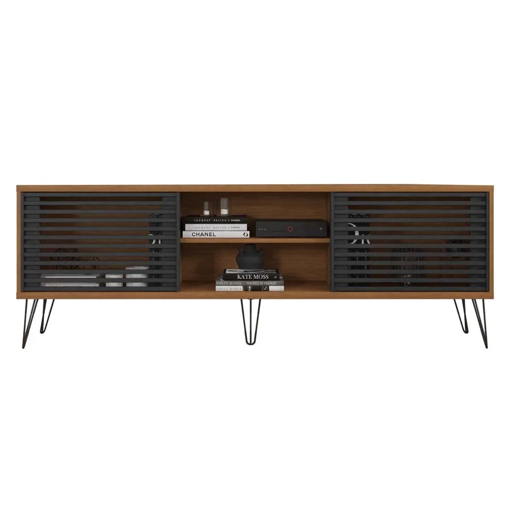 Arthur 71 Inch Handcrafted Wood TV Media Entertainment Console, Modern Slatted Doors, Single Shelf, Walnut Brown, Black By The Urban Port