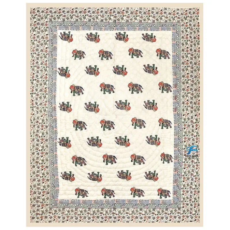 BRULD Jaipuri Razai Rajsthani Traditional Hand Stitched Lightweight Pure Cotton Winter and Summer Jaipuri Ac Quilt Razai/Rajai/Blanket/Comforter (Multi Elephant, Single Bed Set of 2, 55X85 Inches)