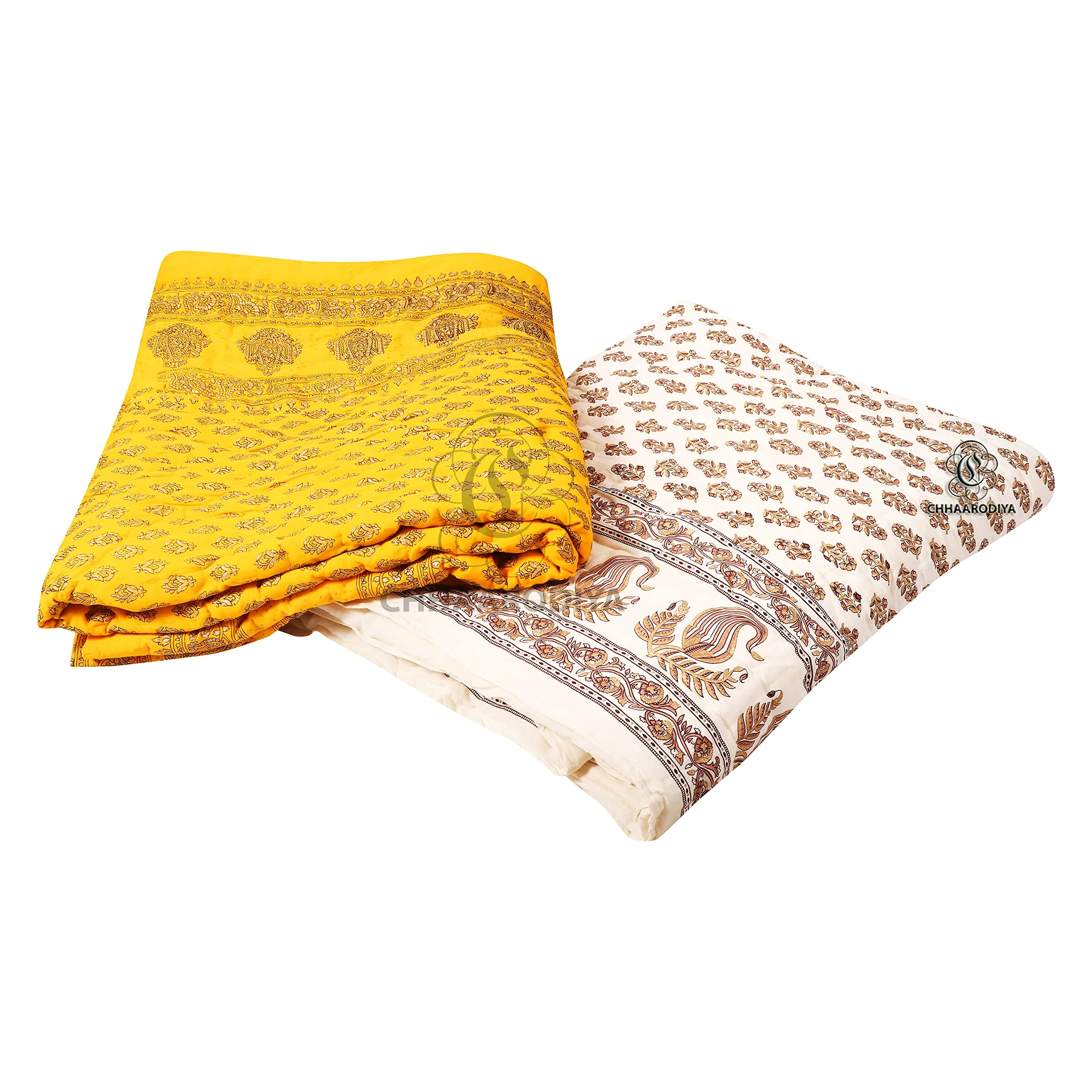 CHHAARODIYA® Jaipuri Rajasthani Traditional Light Weight Pure Cotton Single Bed Soft Jaipuri AC/Winter Quilt/Razai Floral Yellow & Whait Print (Size 55 X 85 inch Stitch Including) Set of 2