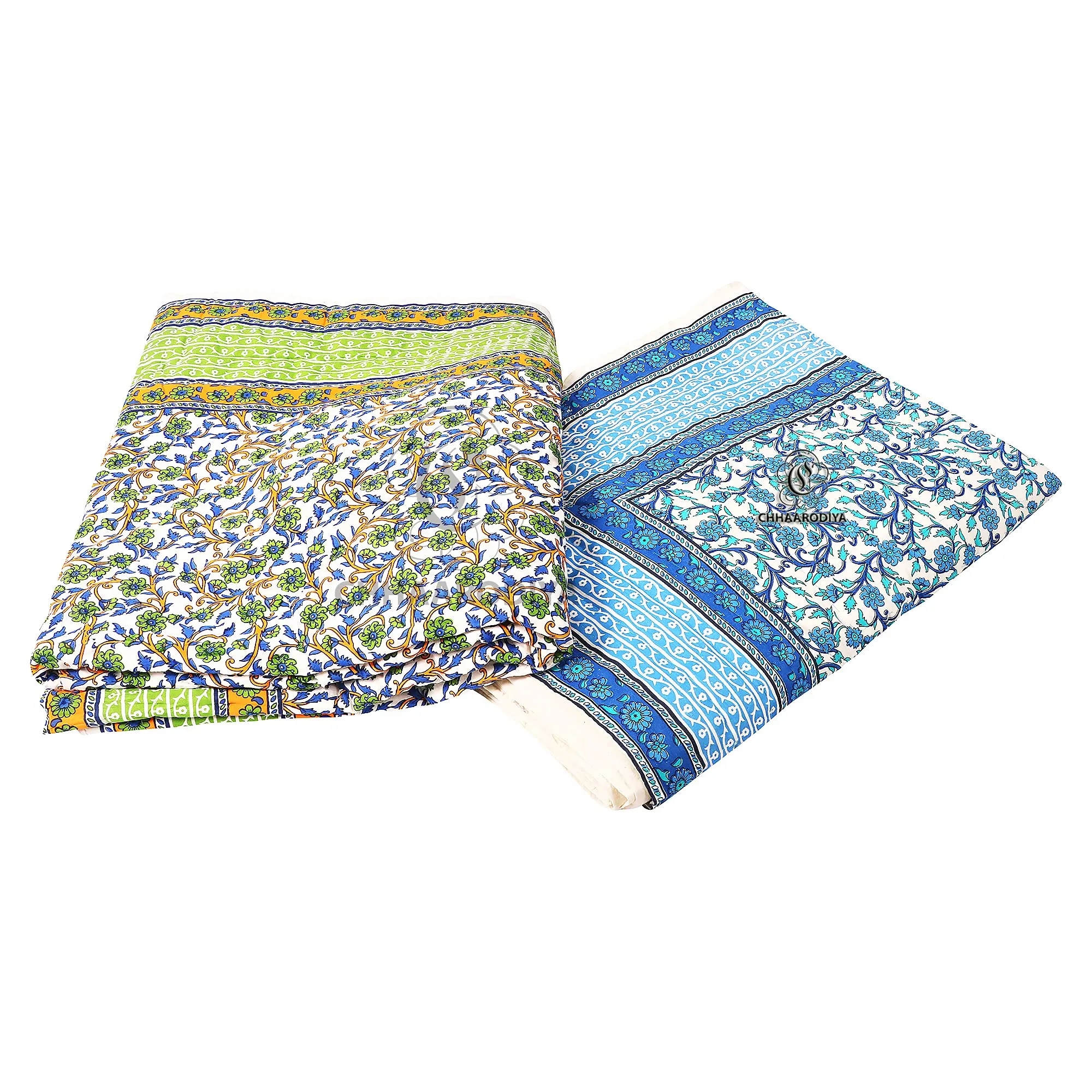 CHHAARODIYA Jaipuri Rajasthani Traditional Pure Cotton Single Bed Soft Jaipuri Ac/Winter Quilt/Razai Floral Blue&Green Print (55 X 85 Inch Stitch Including,Set Of 2,Reversible,Lightweight),300 TC