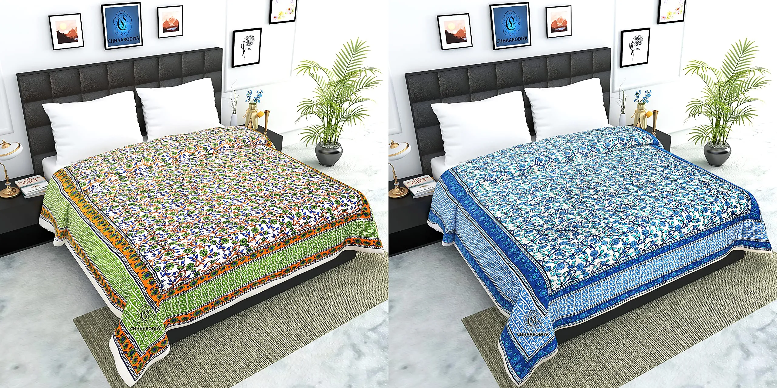 CHHAARODIYA Jaipuri Rajasthani Traditional Pure Cotton Single Bed Soft Jaipuri Ac/Winter Quilt/Razai Floral Blue&Green Print (55 X 85 Inch Stitch Including,Set Of 2,Reversible,Lightweight),300 TC