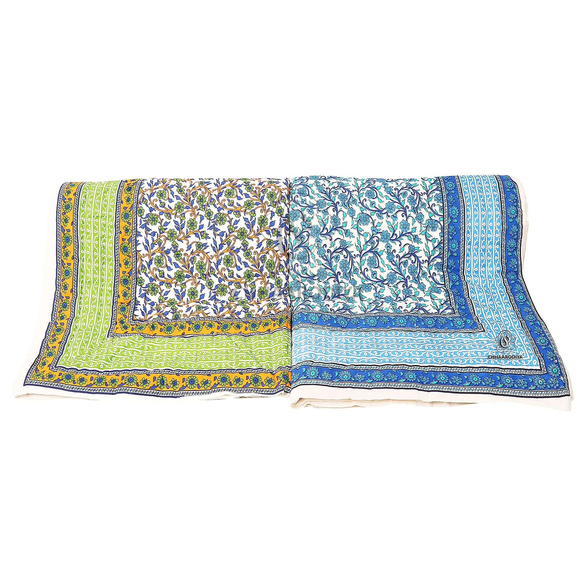 CHHAARODIYA Jaipuri Rajasthani Traditional Pure Cotton Single Bed Soft Jaipuri Ac/Winter Quilt/Razai Floral Blue&Green Print (55 X 85 Inch Stitch Including,Set Of 2,Reversible,Lightweight),300 TC