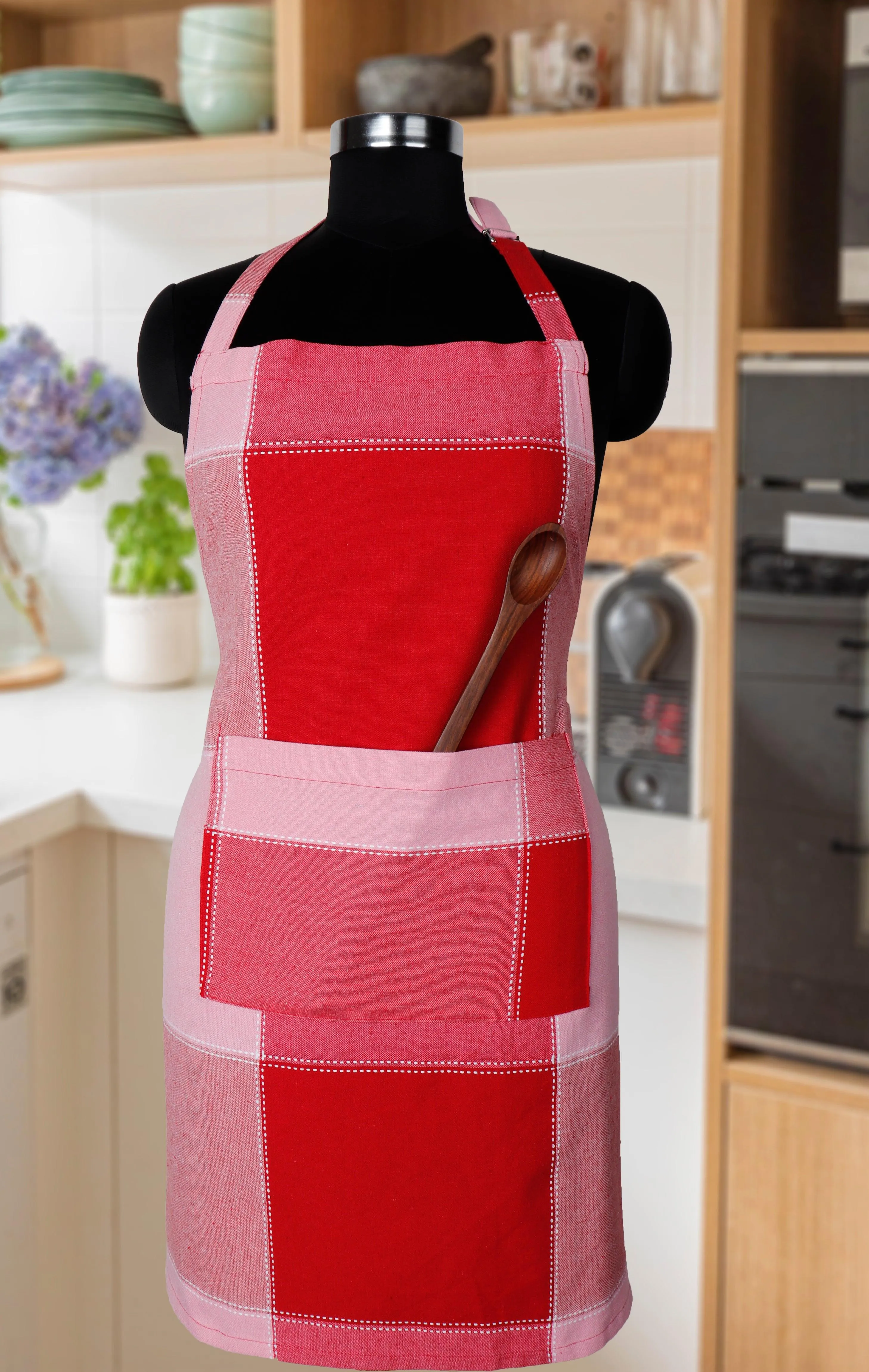 Cotton 4 Way Dobby Red Free Size Apron Pack Of 1