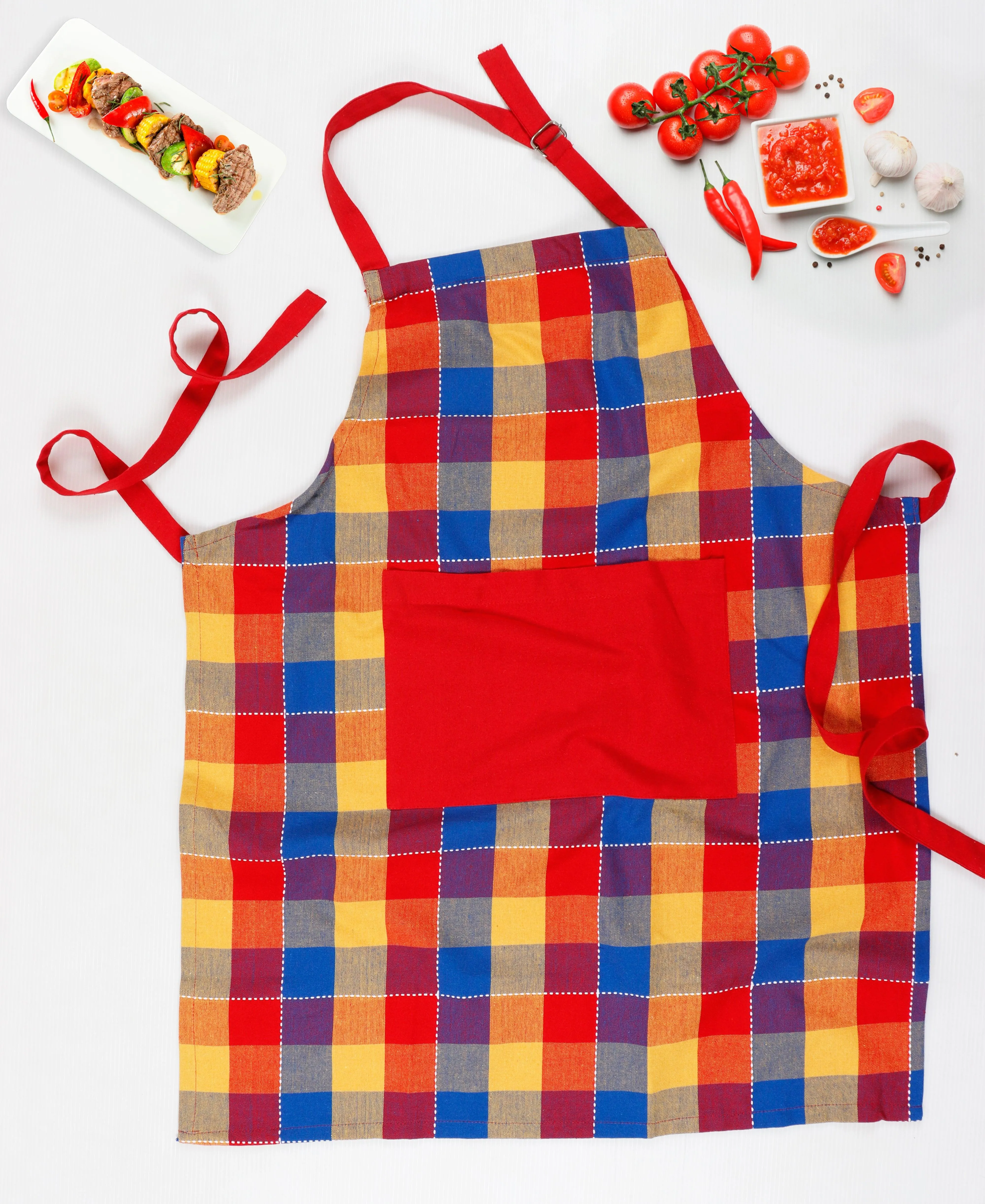 Cotton Adukalam Check With Red Solid Pocket Free Size Apron Pack Of 1