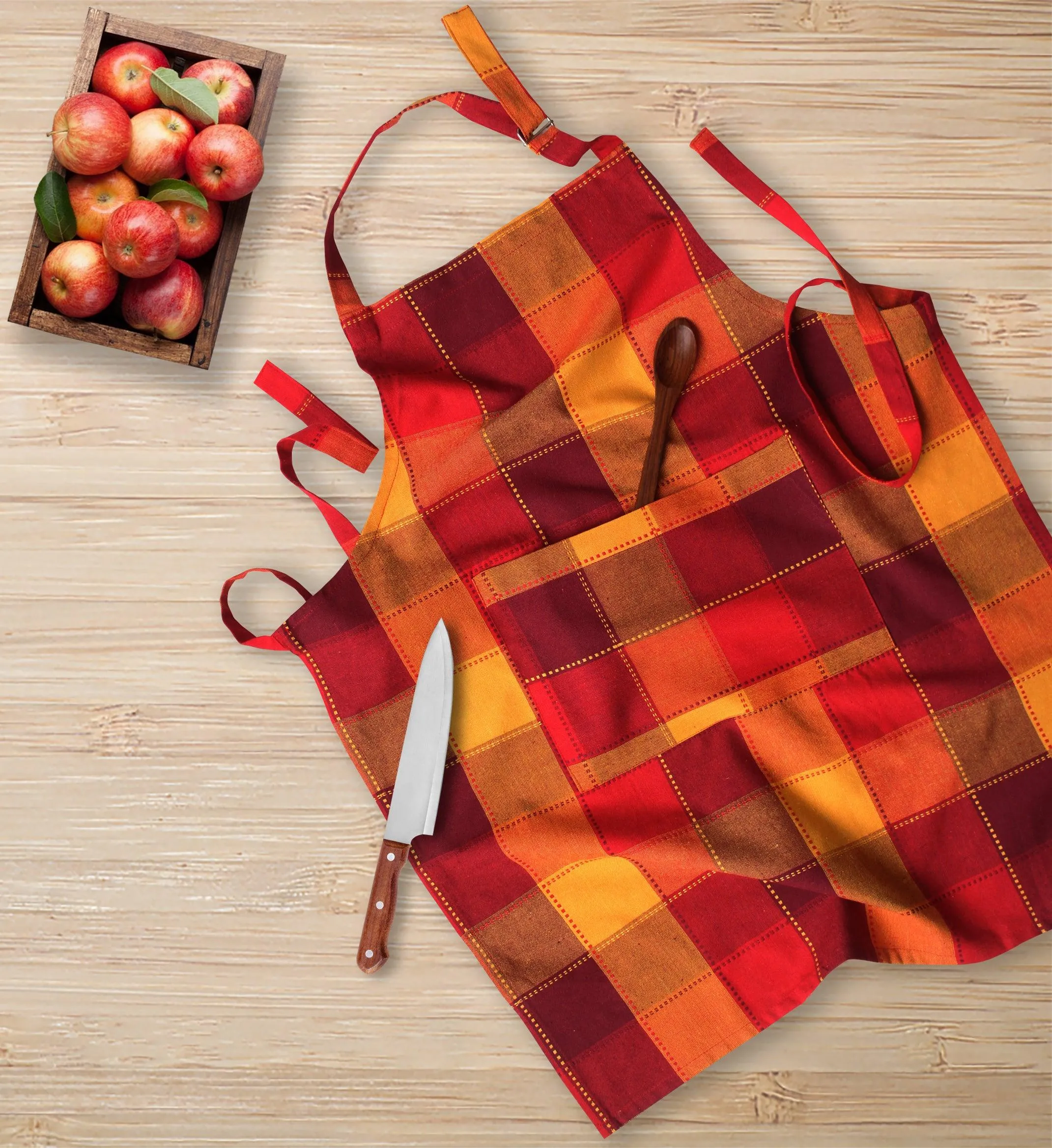 Cotton Check Dobby Red Free Size Apron Pack Of 1