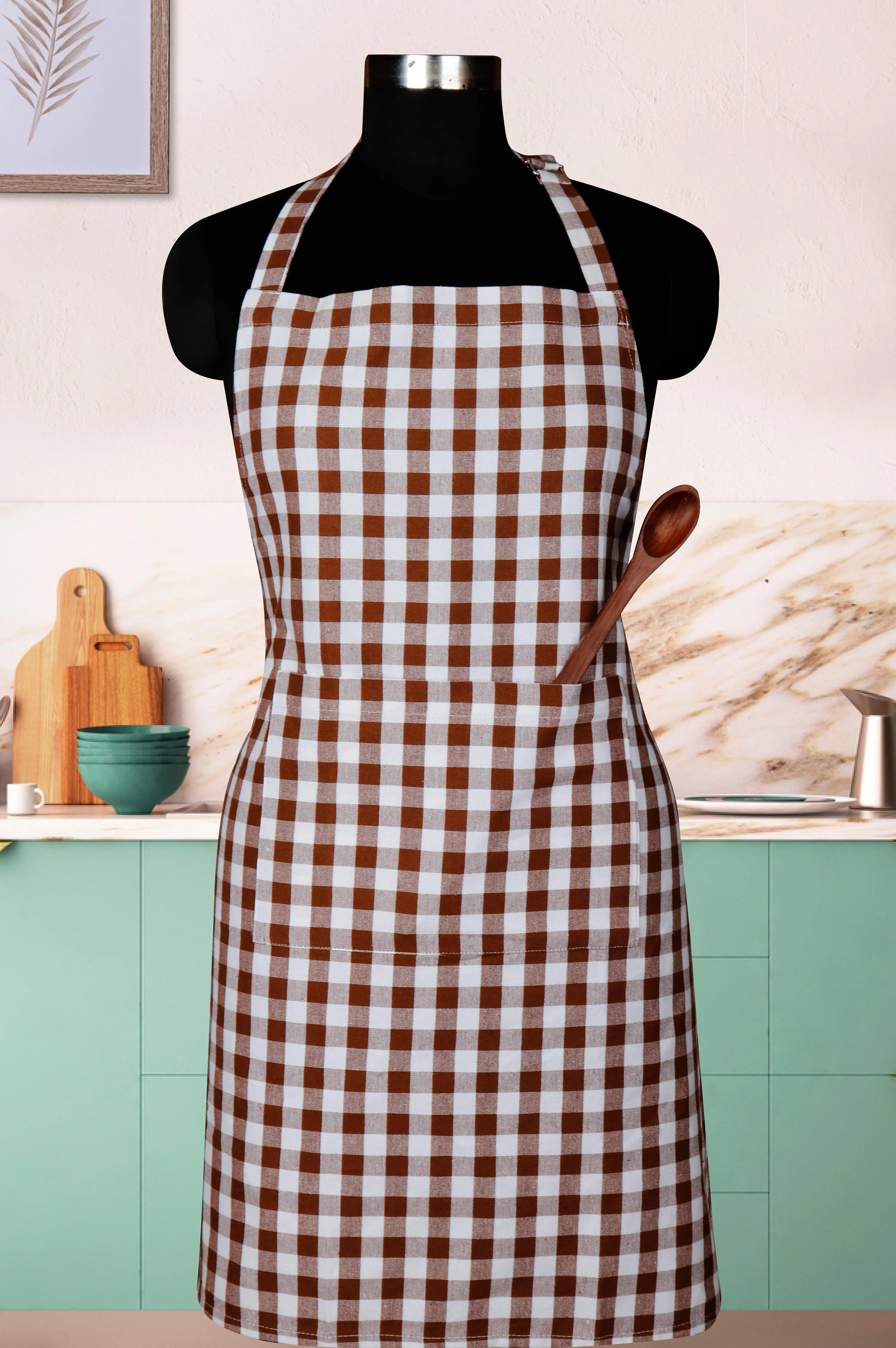 Cotton Gingham Check Brown Free Size Apron Pack Of 1