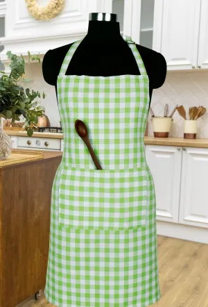 Cotton Gingham Check Green Free Size Apron Pack Of 1