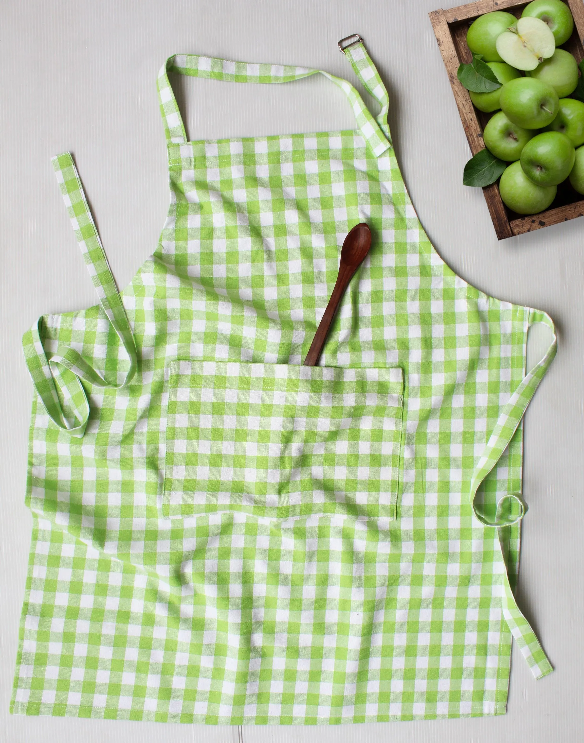 Cotton Gingham Check Green Free Size Apron Pack Of 1