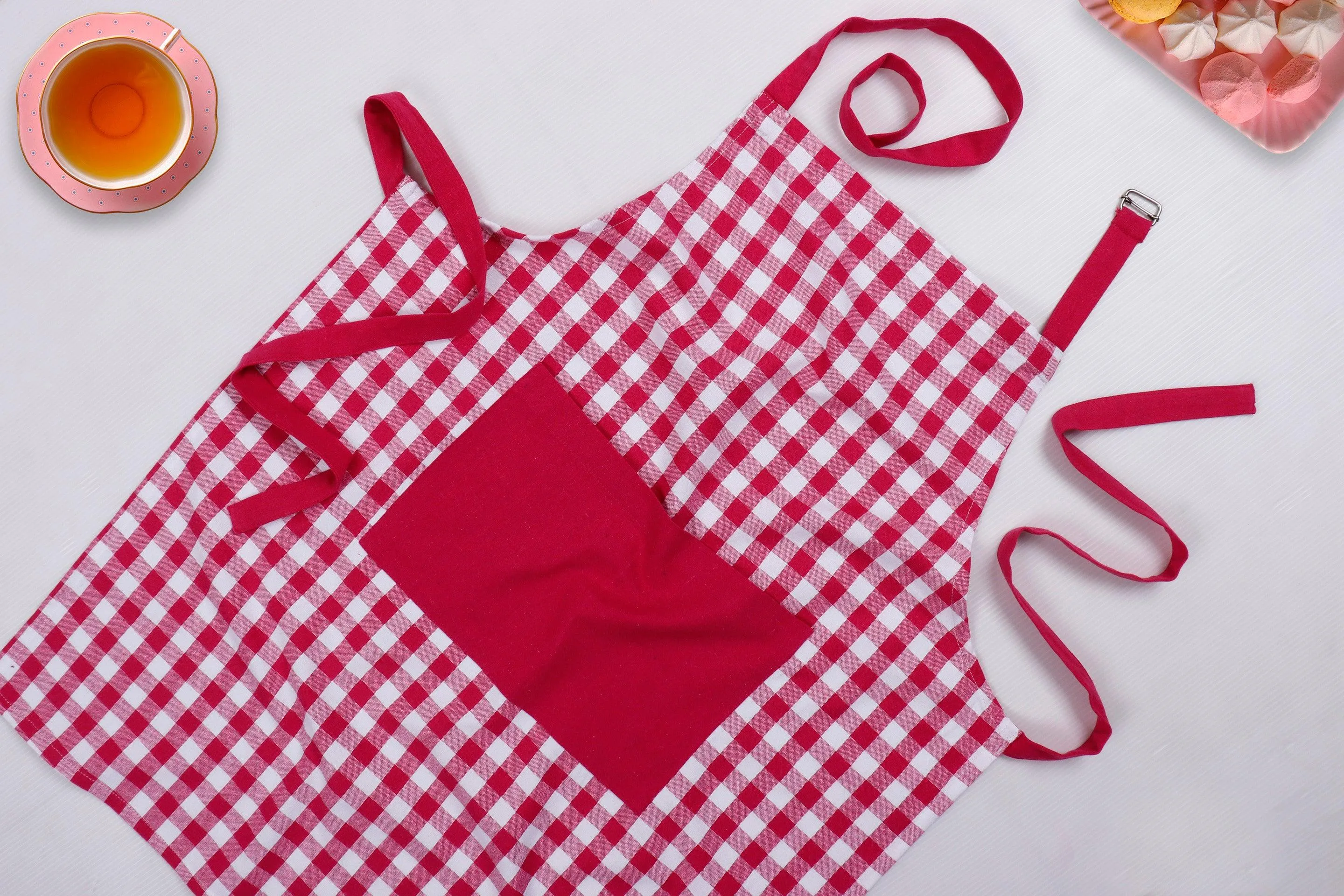 Cotton Gingham Check Pink With Solid Pocket Free Size Apron Pack Of 1