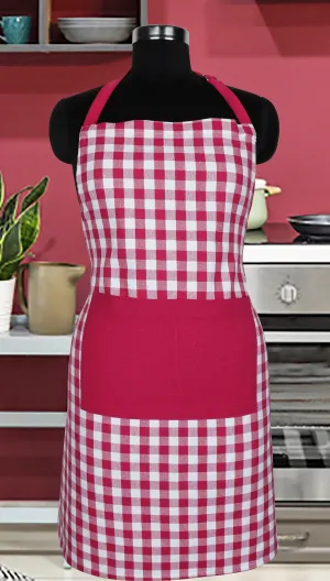 Cotton Gingham Check Pink With Solid Pocket Free Size Apron Pack Of 1