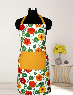 Cotton Green and Orange Flower With Yellow Solid Pocket Free Size Apron Pack Of 1