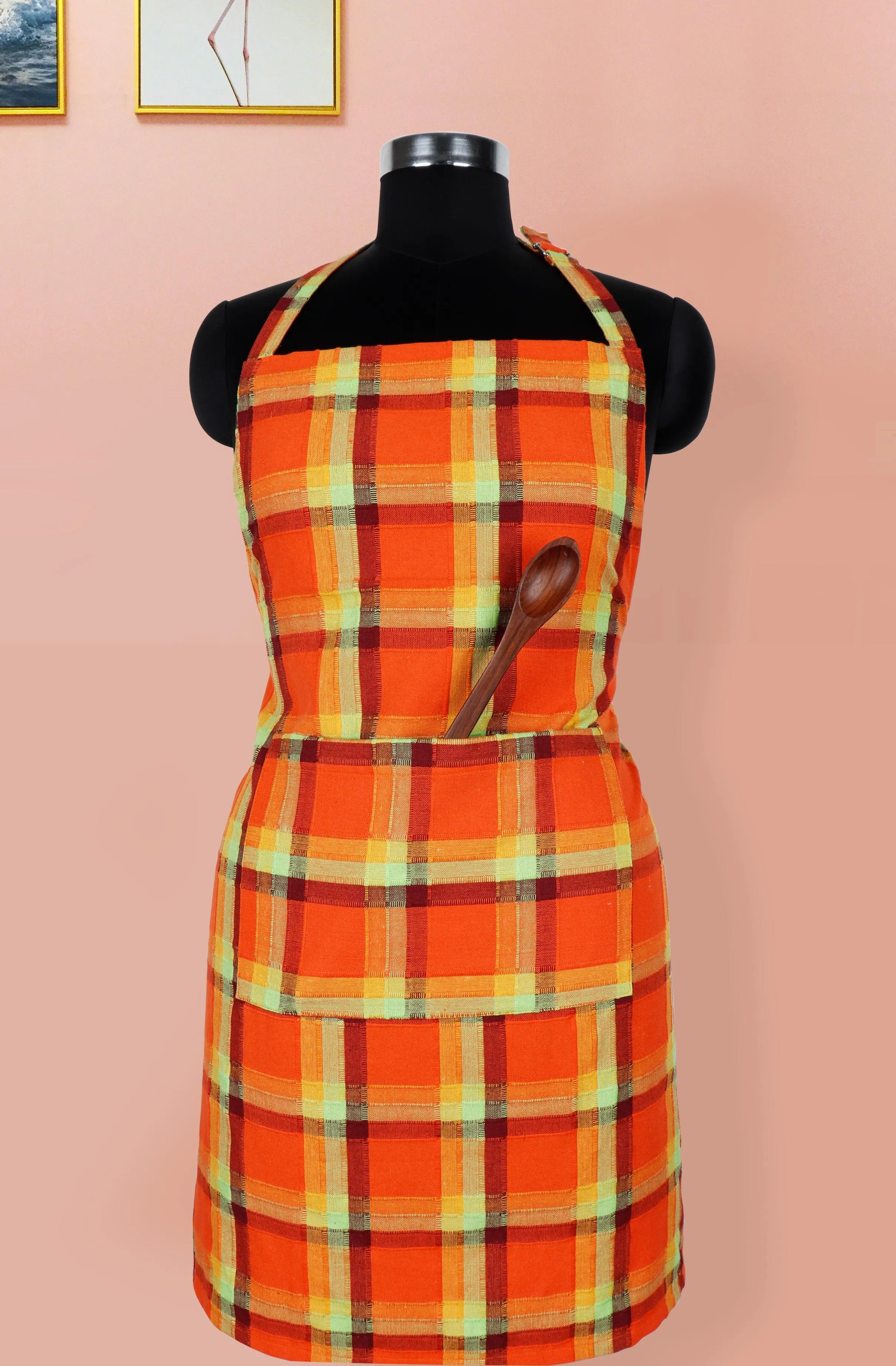 Cotton Iran Check Orange Free Size Apron Pack Of 1