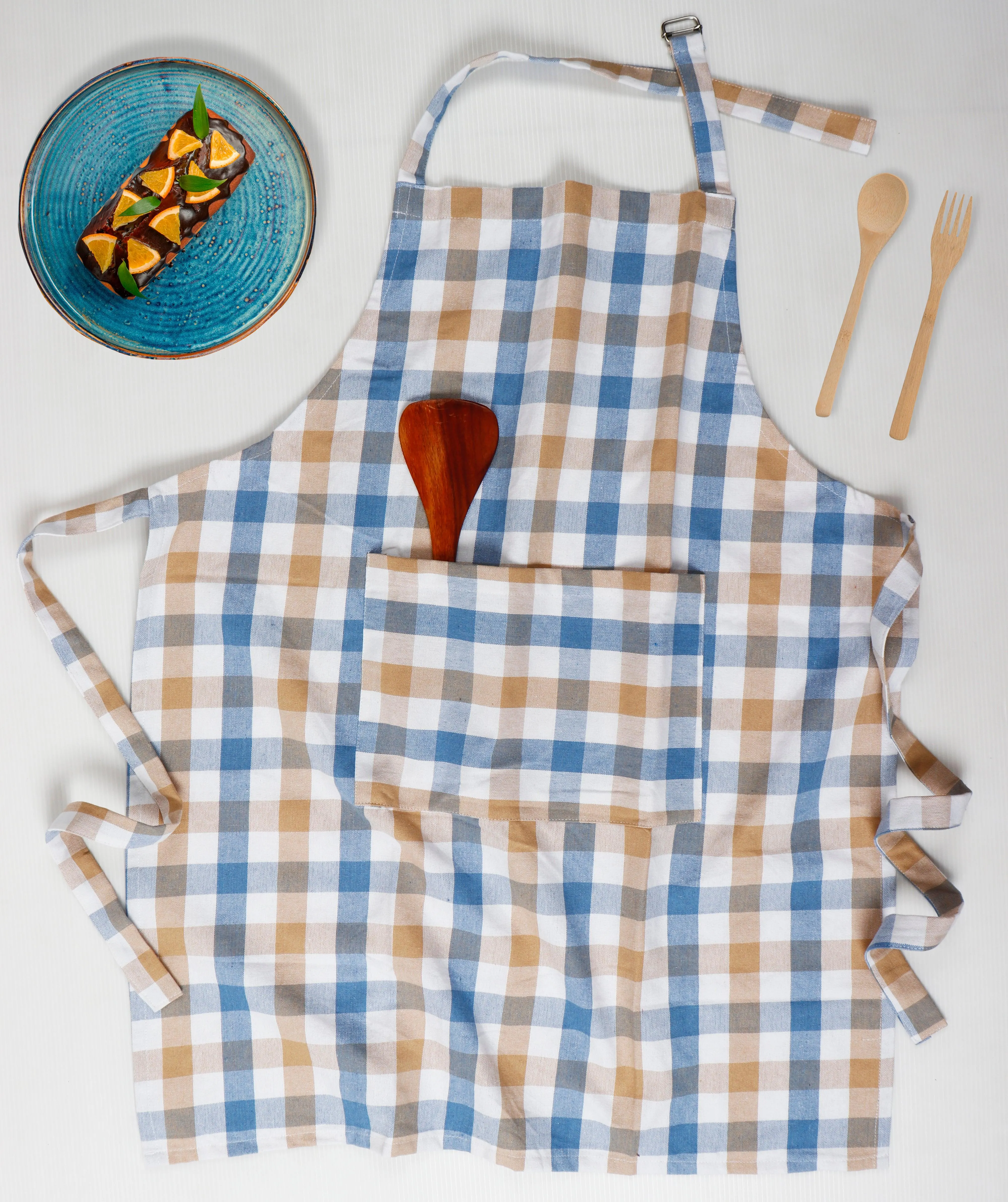 Cotton Lanfranki Blue Check Free Size Apron Pack Of 1