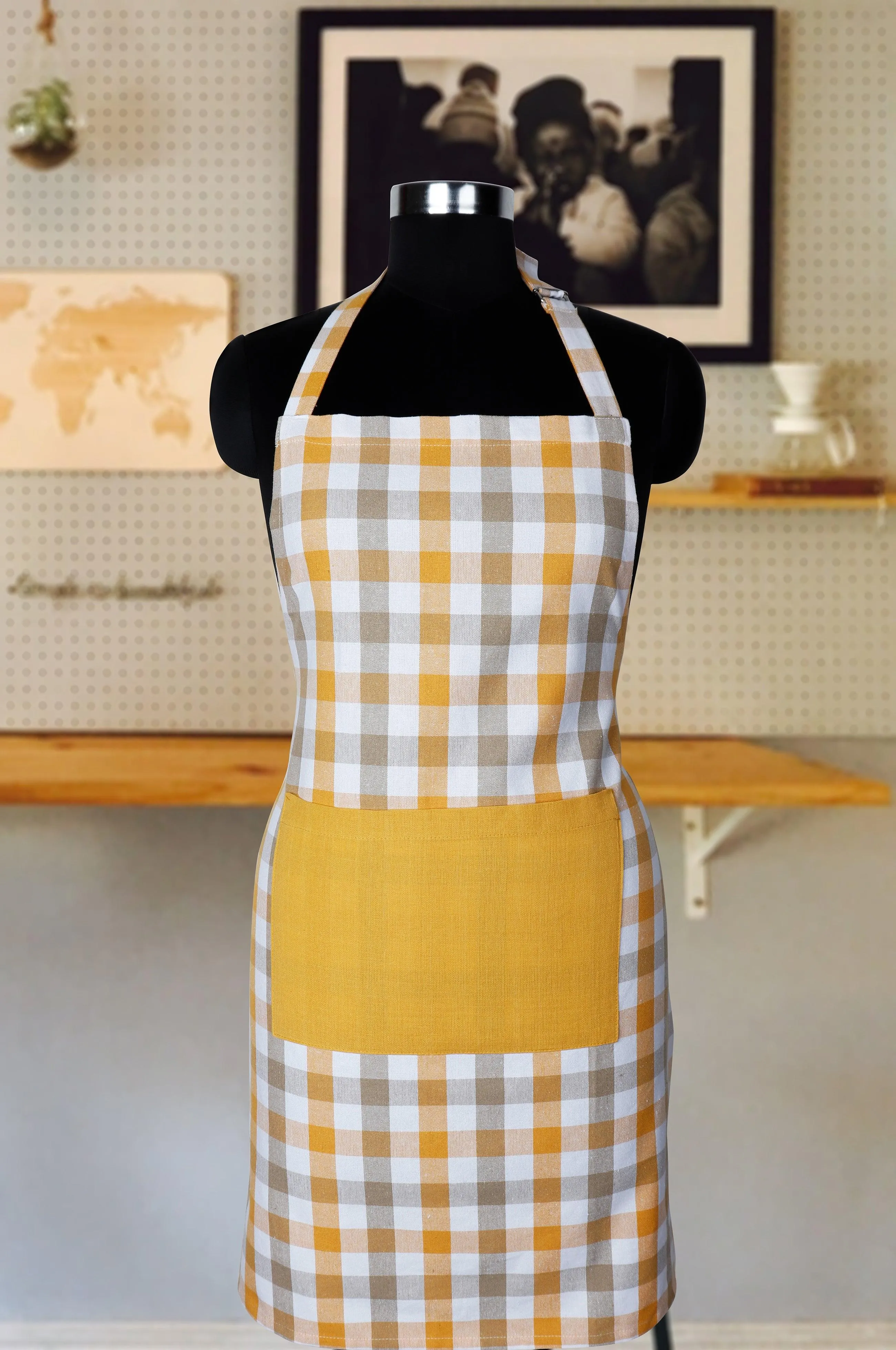 Cotton Lanfranki Yellow With Solid Pocket Check Free Size Apron Pack Of 1