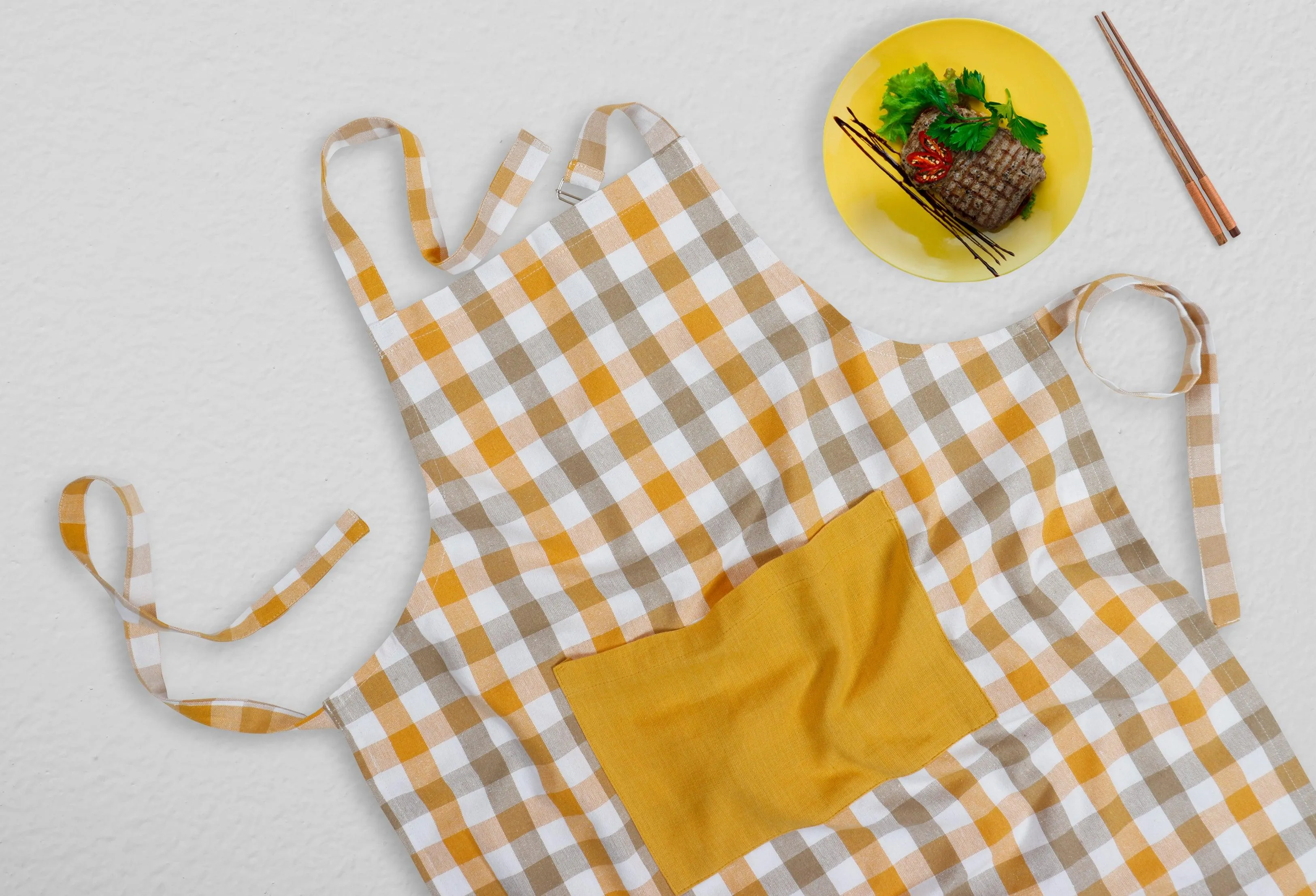 Cotton Lanfranki Yellow With Solid Pocket Check Free Size Apron Pack Of 1