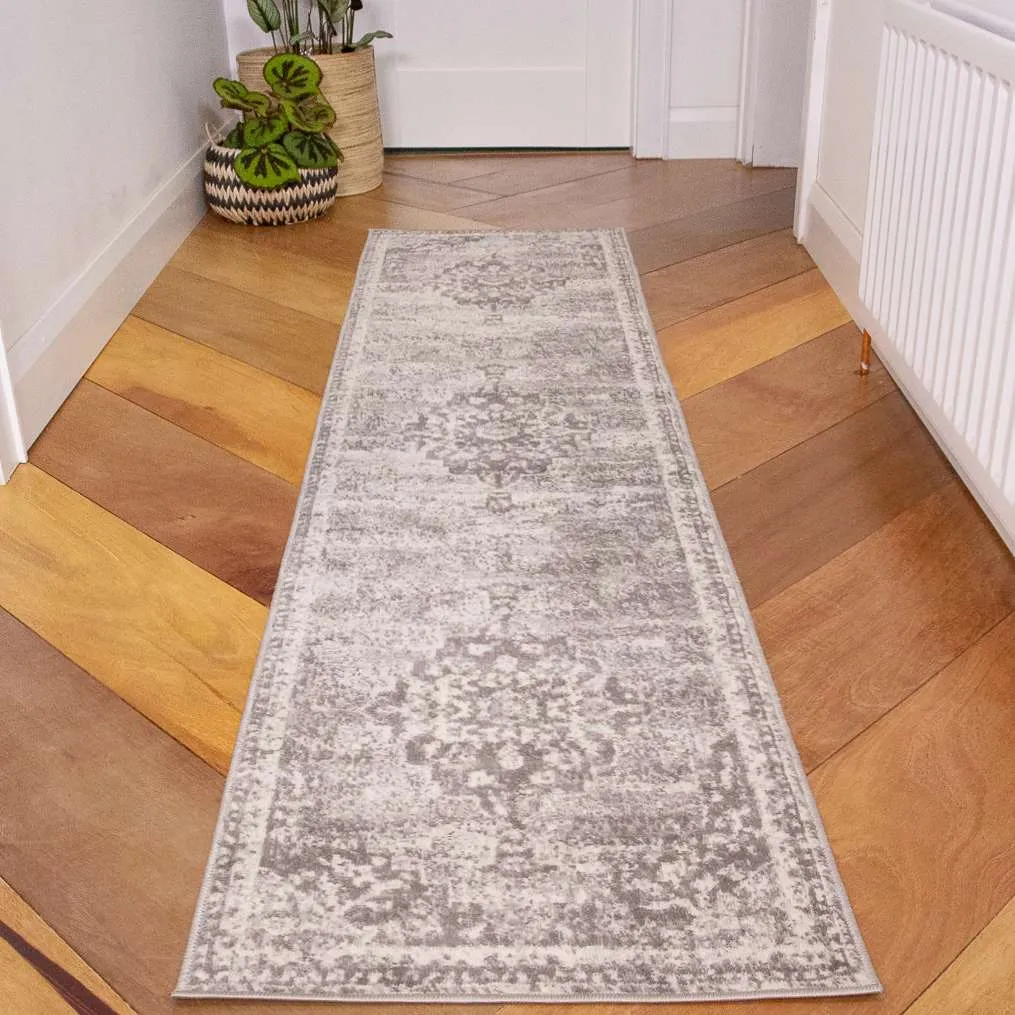 Faded Distressed Grey Oriental Pattern Rug - Demelza