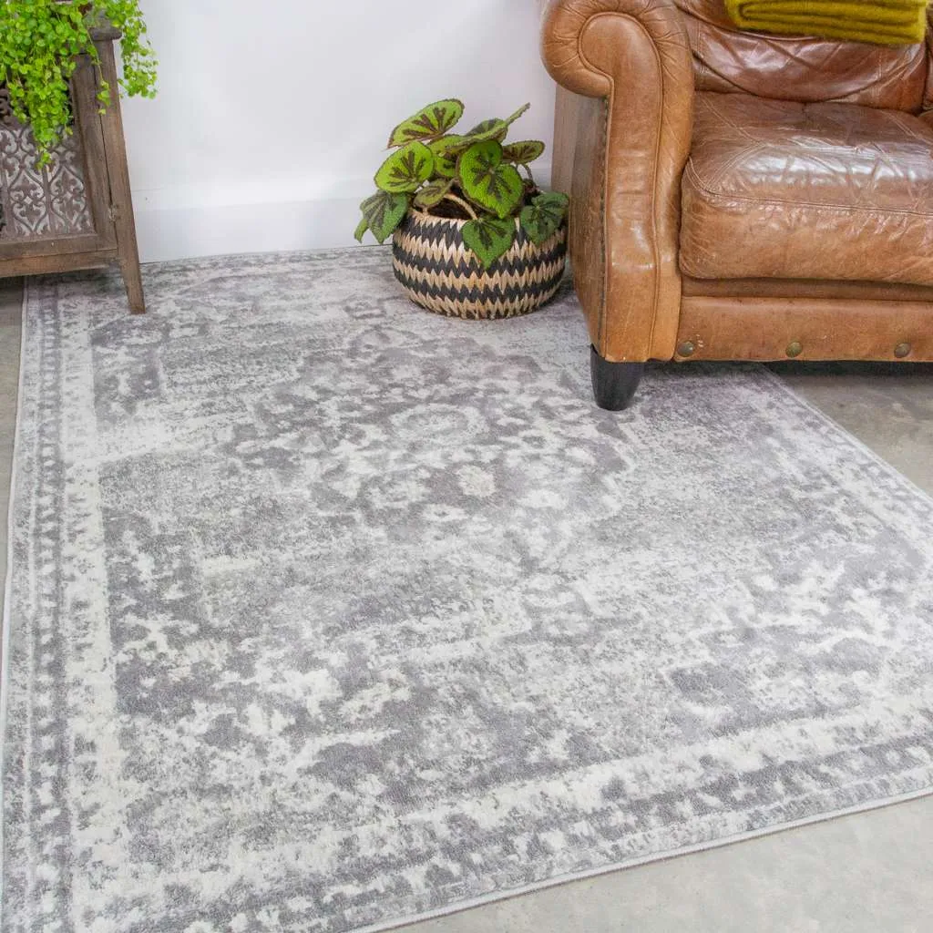 Faded Distressed Grey Oriental Pattern Rug - Demelza