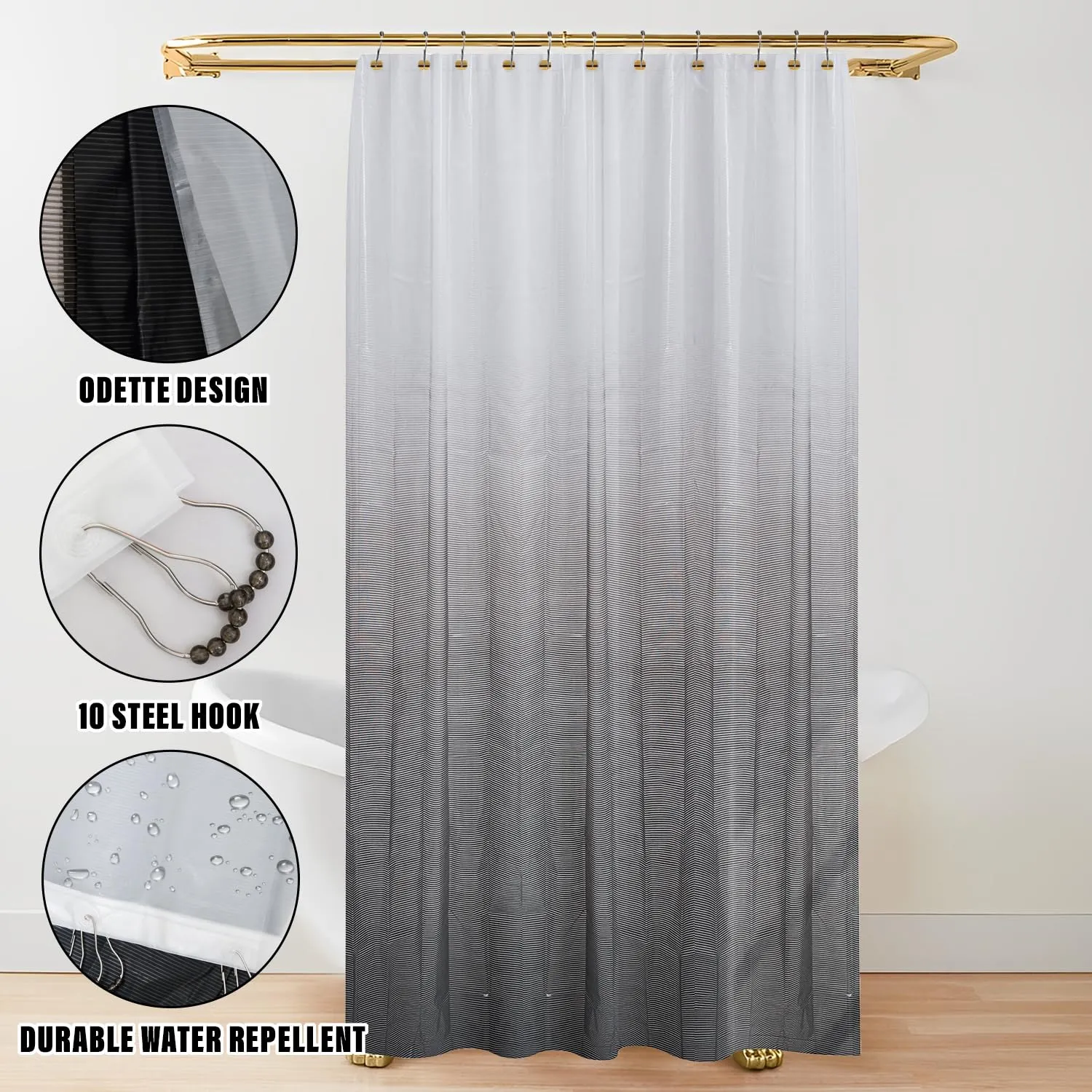 Heart Home Shower Curtain | Odette Design PEVA Curtain for Bathroom | Shower Curtain for Bathroom | Bathroom Shower Curtain with Hooks | 6 Feet | Gray