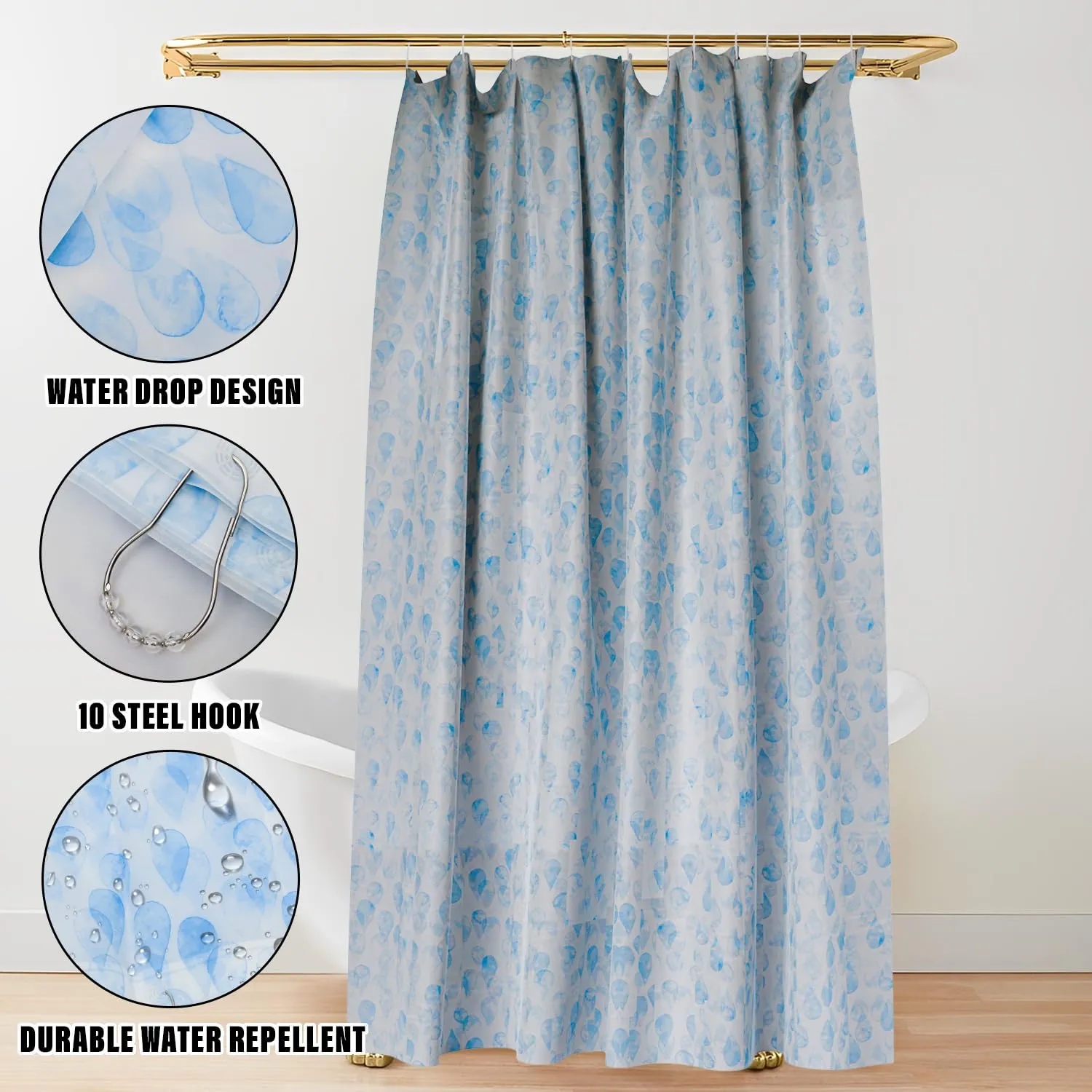 Heart Home Shower Curtain | Water Drop Design PEVA Curtain for Bathroom | Shower Curtain for Bathroom | Bathroom Shower Curtain with Hooks | 6 Feet | Pack of 2 | Blue