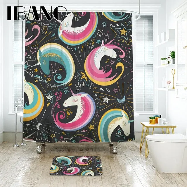 IBANO Unicorn Pattern Shower Curtain Waterproof Polyester Fabric Bath Curtain For The Bathroom With 12 pcs Hooks And Floor Mat