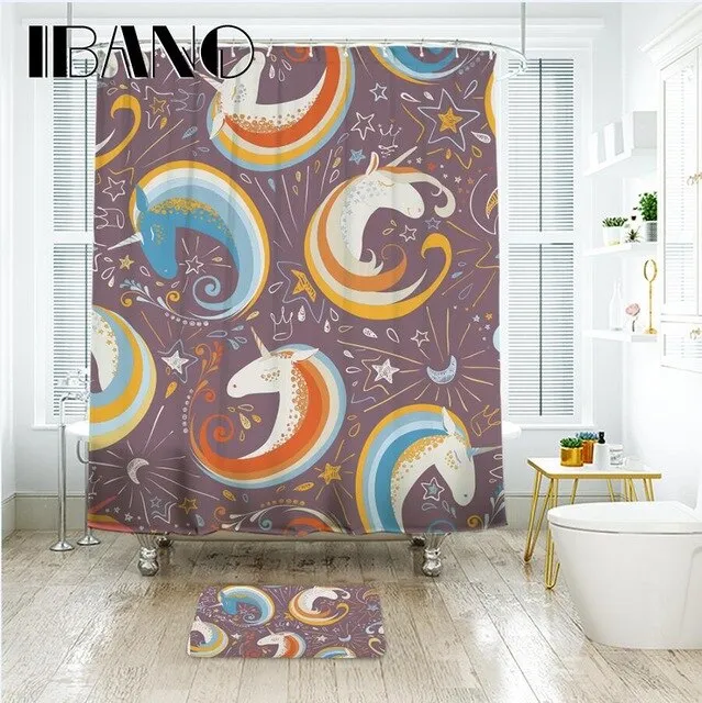 IBANO Unicorn Pattern Shower Curtain Waterproof Polyester Fabric Bath Curtain For The Bathroom With 12 pcs Hooks And Floor Mat