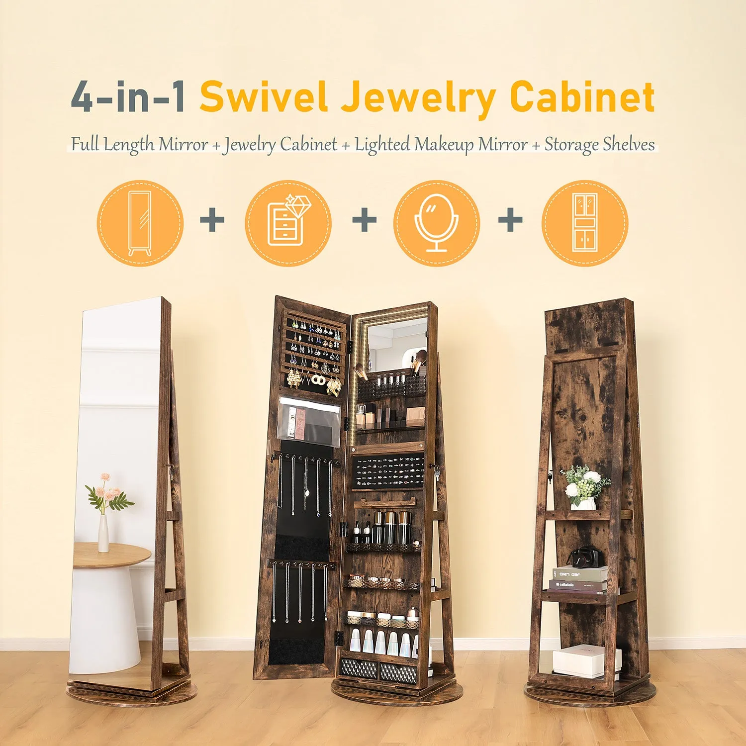 Jewelry Armoire with Rear Storage Shelves and LED lights, Lockable