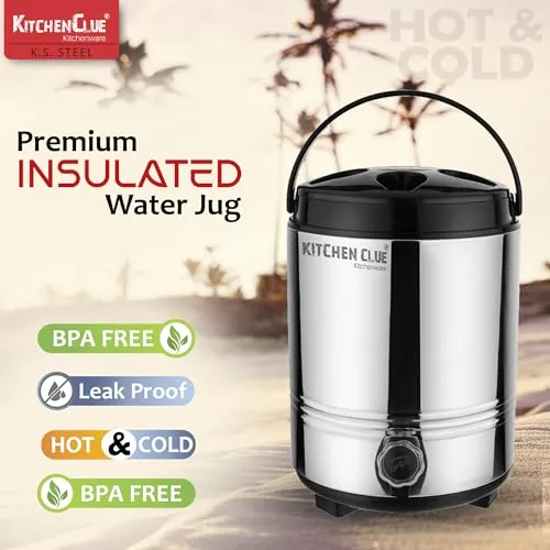 Kitchen Clue Stainless Steel Travel Water/Tea Jug with Easy to Carry Handle I 8 Liter of Water Storage Capacity with Leak-Proof Tap I Highly Durable & Sturdy I Bpa Free I PUF Insulated Thermosteel