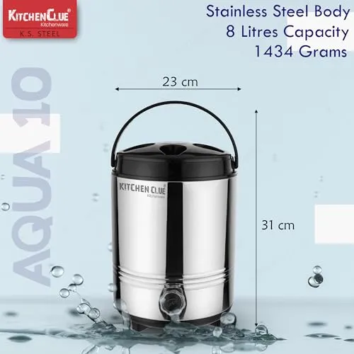 Kitchen Clue Stainless Steel Travel Water/Tea Jug with Easy to Carry Handle I 8 Liter of Water Storage Capacity with Leak-Proof Tap I Highly Durable & Sturdy I Bpa Free I PUF Insulated Thermosteel