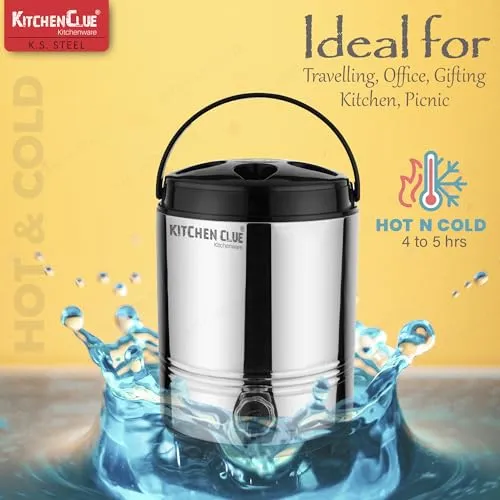 Kitchen Clue Stainless Steel Travel Water/Tea Jug with Easy to Carry Handle I 8 Liter of Water Storage Capacity with Leak-Proof Tap I Highly Durable & Sturdy I Bpa Free I PUF Insulated Thermosteel