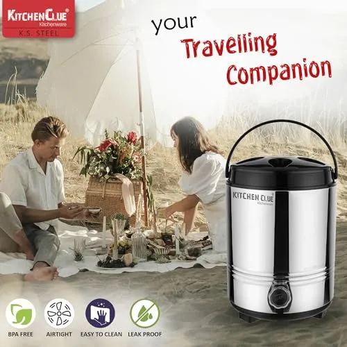 Kitchen Clue Stainless Steel Travel Water/Tea Jug with Easy to Carry Handle I 8 Liter of Water Storage Capacity with Leak-Proof Tap I Highly Durable & Sturdy I Bpa Free I PUF Insulated Thermosteel