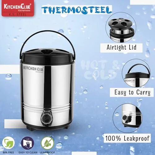 Kitchen Clue Stainless Steel Travel Water/Tea Jug with Easy to Carry Handle I 8 Liter of Water Storage Capacity with Leak-Proof Tap I Highly Durable & Sturdy I Bpa Free I PUF Insulated Thermosteel